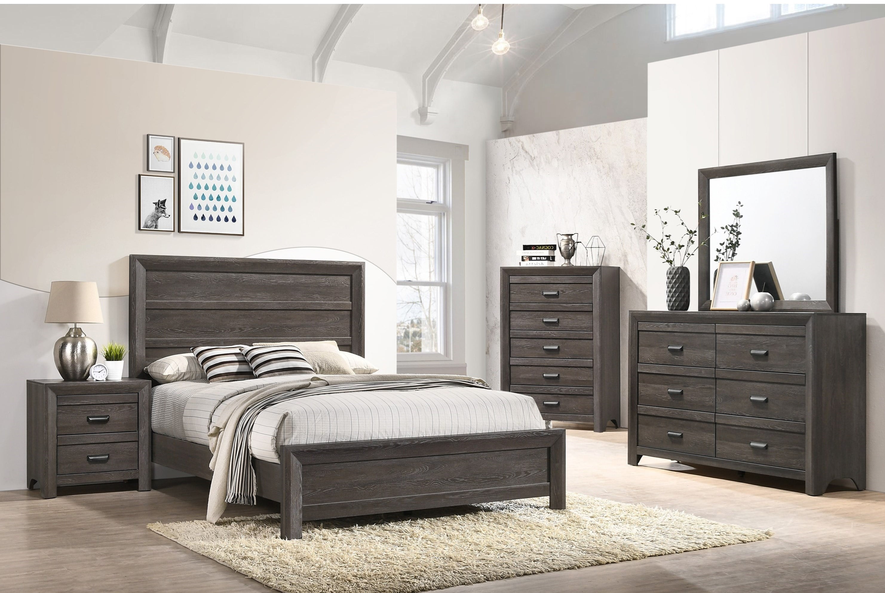 Contemporary Bedroom Furniture Full Size Bed Set Dresser Mirror Nightstand Brown Finish 4pc