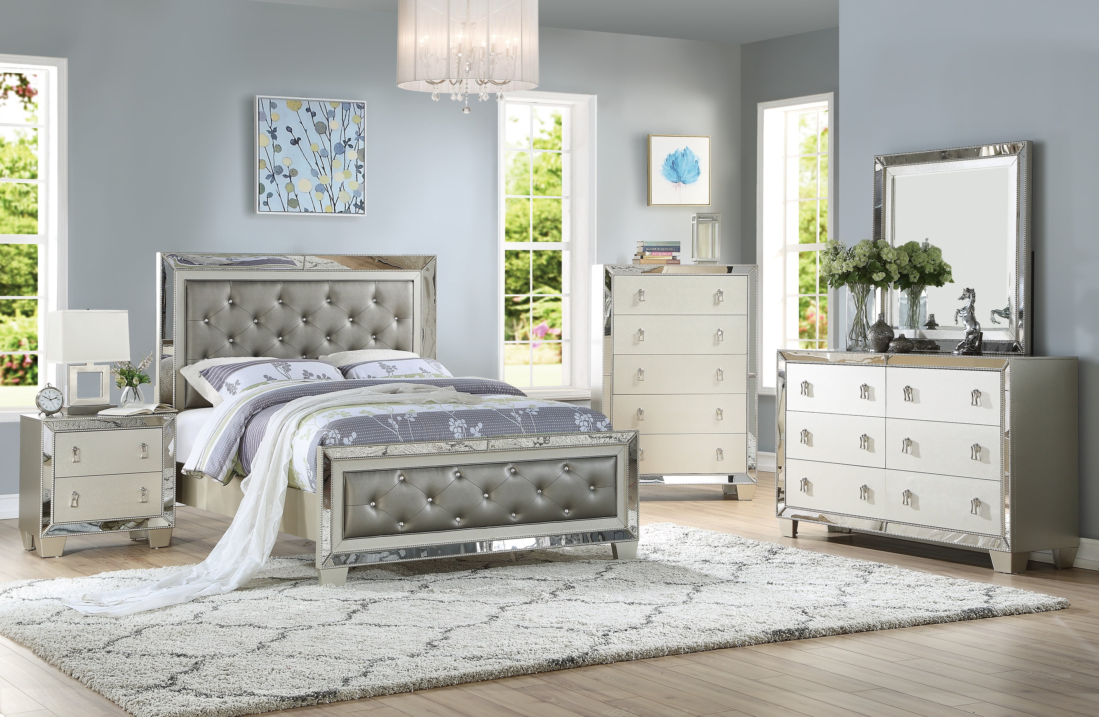 Contemporary Bedroom Furniture Queen Size Bed Dresser Mirror Nightstand 4pcs Set Tufted HB FB Silver