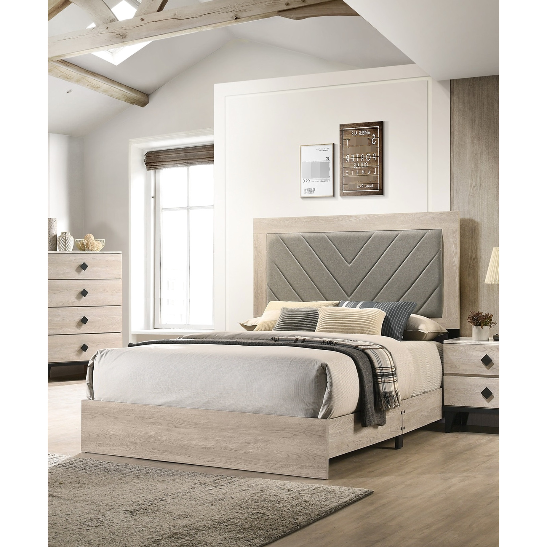 Contemporary Bedroom Queen Size Bed, Cream, Headboard, Rubberwood Bed ...