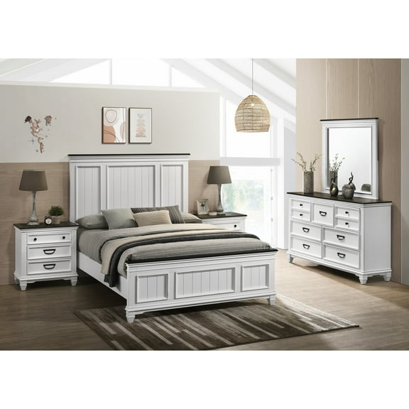 Contemporary Bedroom Setup: Panel Queen Bed, Dresser, Mirror, 2 Nightstands Modern Configuration In Antique White + Gray: