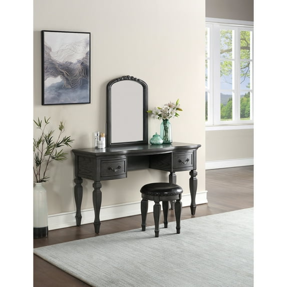 Contemporary Bedroom Vanity In Antique Grey With Wooden Drawers And Included Stool Classic Oak Wood Mirror Storage - Vintage