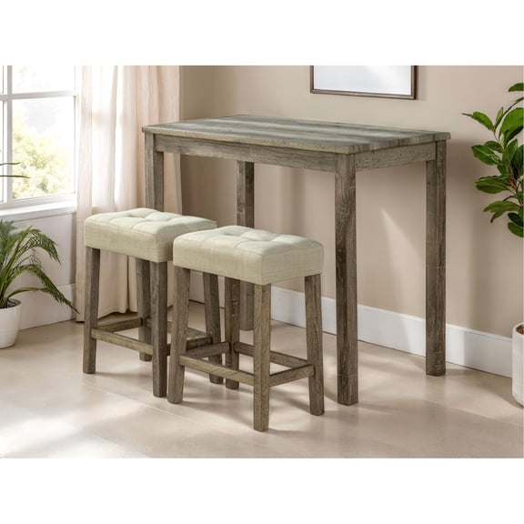 Contemporary Beige Dining Set with 2 Chairs | Great for Small Dining Areas | Solid Rubberwood and Fabric | Timeless Style with Tufted Design