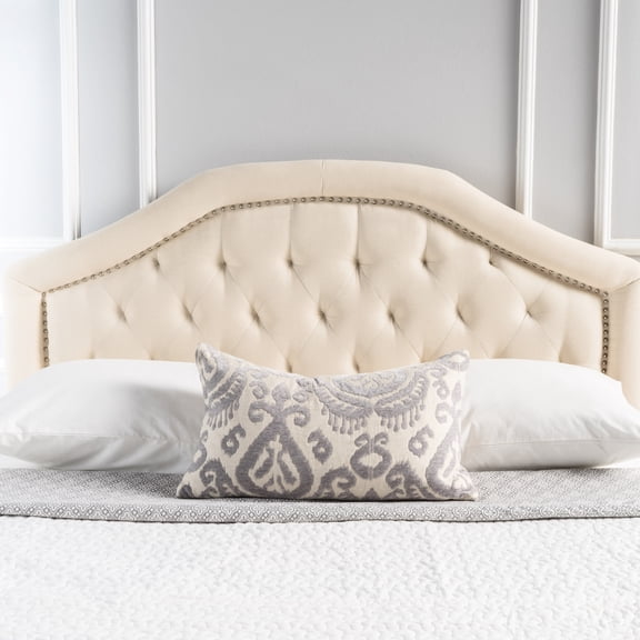 Contemporary Beige Headboard For Queen Bed - Button Diamond Stitch Detailing Nailhead Accents Assembly Required
