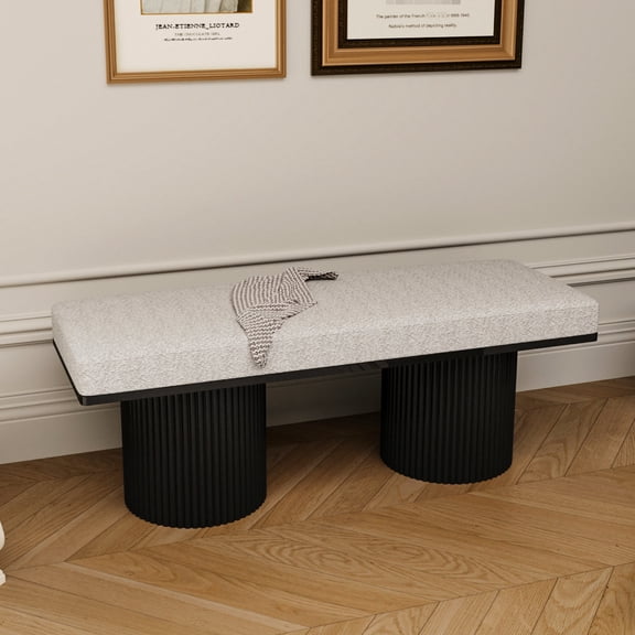 Contemporary Bench with Black Legs and Light Grey Boucle - Can Be Used as Entryway or Bedside Bench