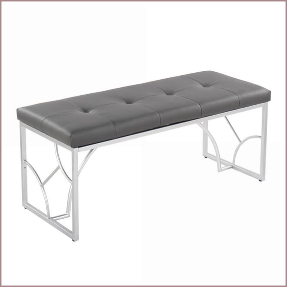 Contemporary Bench with Silver Metal Frame & Plush Cushion by LumiSource | Grey | Faux Leather