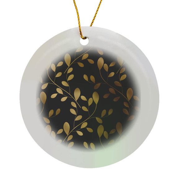 3drose, Contemporary Black and Image of Gold Curly Leaf Pattern, Circle Porcelain Ornament