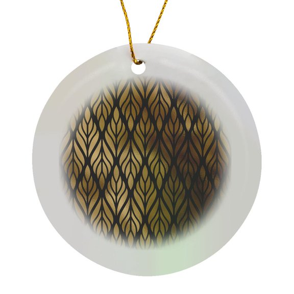 3drose, Contemporary Black and Image of Gold Leaves Patterns, Circle Porcelain Ornament