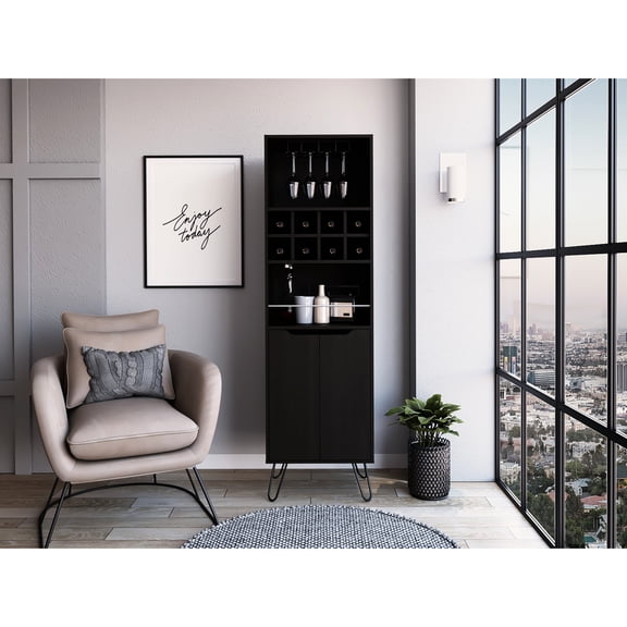 Contemporary Black Bar Cabinet With 8 Slot And Detail Industrial-style Guardrail Space
