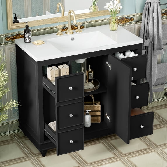 Contemporary Black Bathroom Vanity Cabinet with 4 Drawers & 1 Cabinet Door, Multipurpose Storage, Resin Integrated Sink, Adjustable Shelves, Solid Wood Frame with MDF, Faucet Not Include, Black