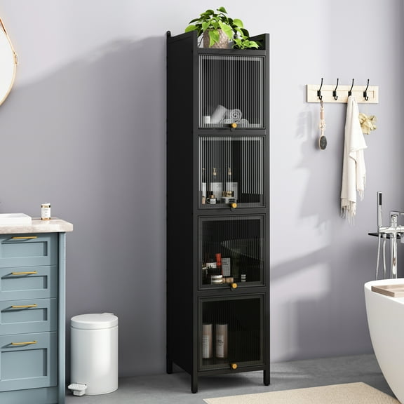 Contemporary Black Cabinet With Four Glass Doors For Functional Storage Modern Style Doors, In Living Room