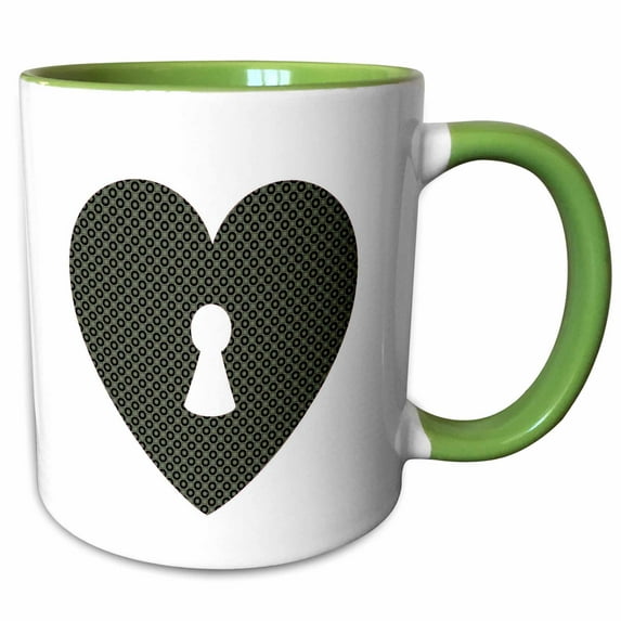 3drose, Contemporary Black Circle Patterned Heart with a Keyhole in the Center, 15oz Two-tone Green Mug