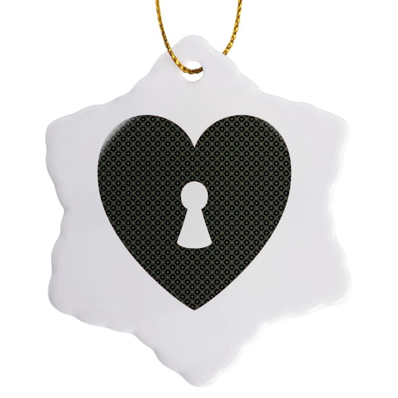 3drose, Contemporary Black Circle Patterned Heart with a Keyhole in the Center, 3 inch Snowflake Porcelain Ornament