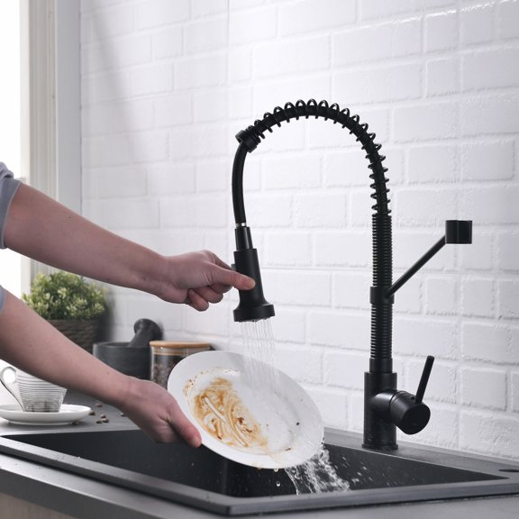 Contemporary Black Coil Spring Kitchen Sink Faucet Solid Brass PullOut Sprayer Single Handle Deck Mount Tap with Ceramic Cartridge for Kitchen Sink