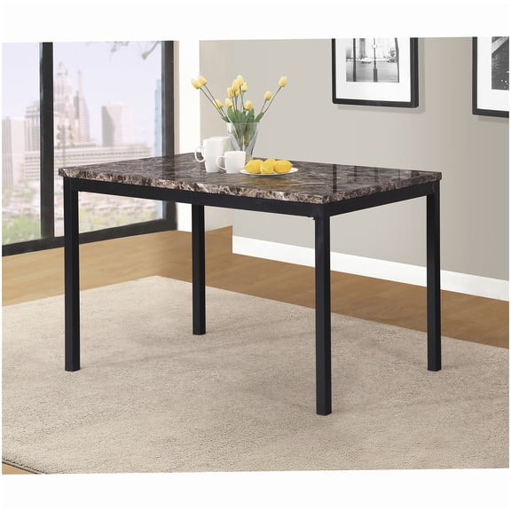 Contemporary Black Dining Table with Marble-Look Top and Straight Metal Legs