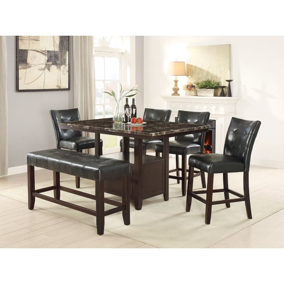 Contemporary Black Faux Marble Top Counter Height Table w Shelf 4x High Chairs Bench Faux Leather Tufted 6pc Dining Room Set