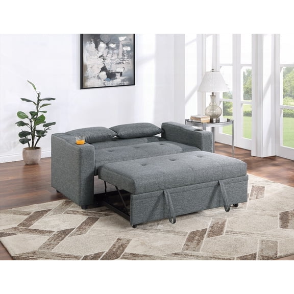 Contemporary Black Gray Convertible Sofa w Cup Holder | Polyfiber Cushions | Easy Pull-Out Bed
