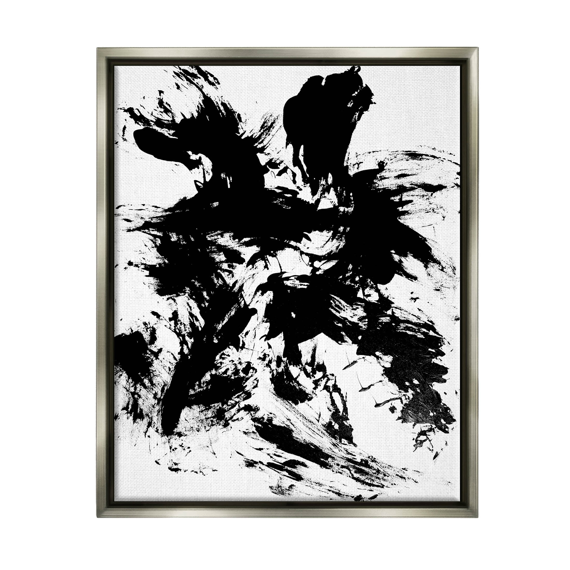 Contemporary Black Ink Strokes Abstract Graphic Art Luster Gray Framed Art Print Wall Art