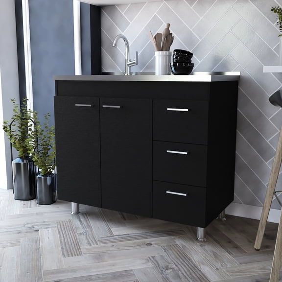 Contemporary Black Kitchen Cabinet With Three Drawers And Practical Storage Modern Stainless Steel
