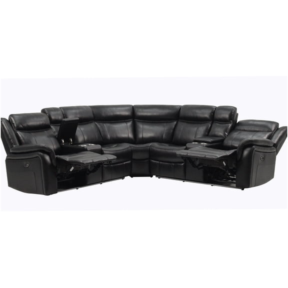 Contemporary Black Leather Sectional Sofa with LED Lights and 2 Reclining Seats