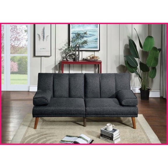 Contemporary Black Polyfiber Convertible Sofa Bed – 71” Living Room Couch with Solid Wood Legs | Black | Solid Wood | Polyfiber