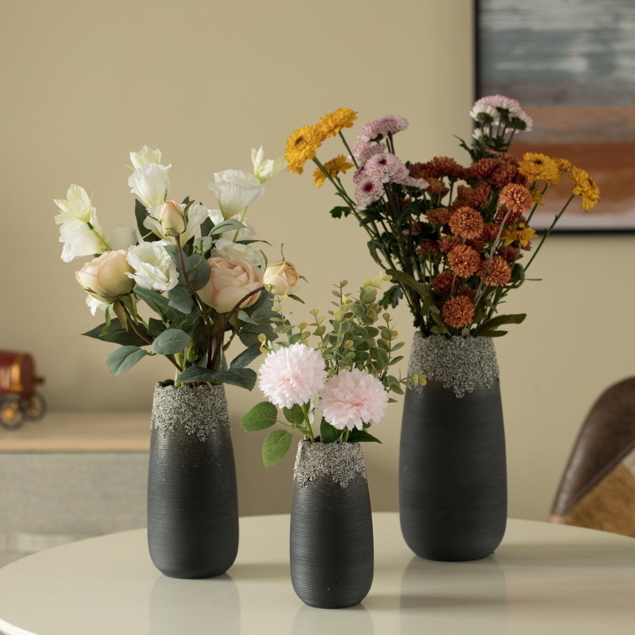 Set of 3 Black Ceramic Vases with Dripping Crystal Design