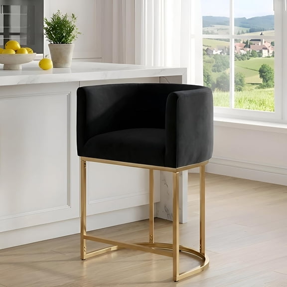 Contemporary Black Velvet Bar Stool, 24" Upholstered Fabric Counter Height Barstool Kitchen Counter Island Stool with Screwed Together Golden Metal Base