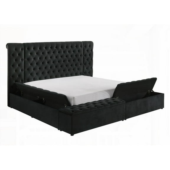 Contemporary Black Velvet Queen Bed with Button Tufting & Storage