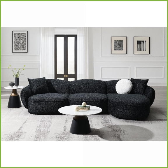 Contemporary Black & White Shimmer Chenille Sectional Sofa with 3 Pillows for Living Room | Black,White | Fabric | Round Arms