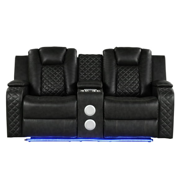 Contemporary Black With Power Reclining And Soft Seat Led & In Faux Leather Speaker