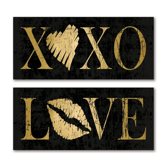Contemporary Black and Gold XOXO and Love Heart Adult/Teen Decor; 2- 18" x 6" Unframed Prints