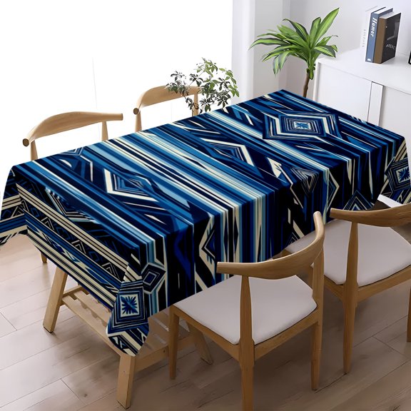 Contemporary Blue Abstract Geometric Print Tablecloth, Kitchen Living Room Dinner Party Multipurpose Decor, Minimal Tribal Table Cover, Thanksgiving Christmas Gift