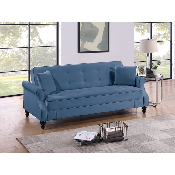 Contemporary Blue Burnt-Out Fabric Convertible Sofa with Storage, Tufted Back & Rolled Arms - 84" Living Room Couch with Pillows