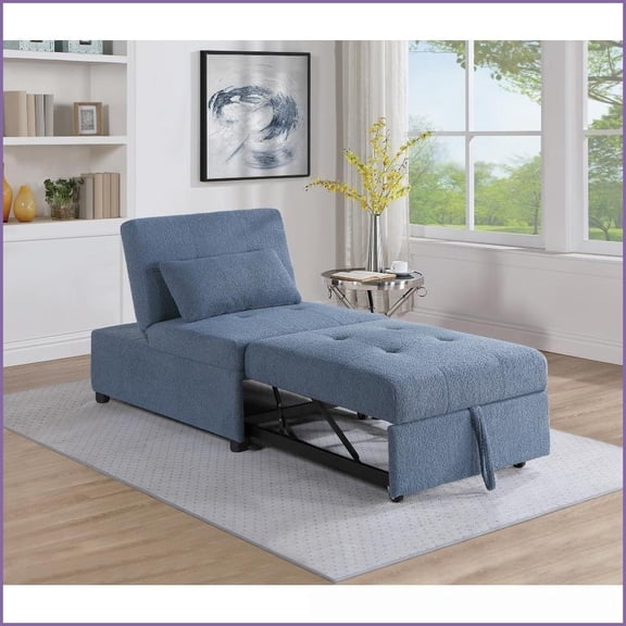 Contemporary Blue Gray Armless Sherpa Fabric Single Convertible Sleeper Sofa Chair with Pillow | Armless | Sherpa Fabric | Blue Gray
