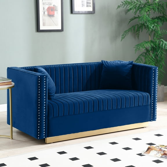 Contemporary Blue Velvet Loveseat Sofa with Vertical Channel Tufting, Modern Upholstered 2-Seater Couch with 2 Pillows for Living Room or Apartment