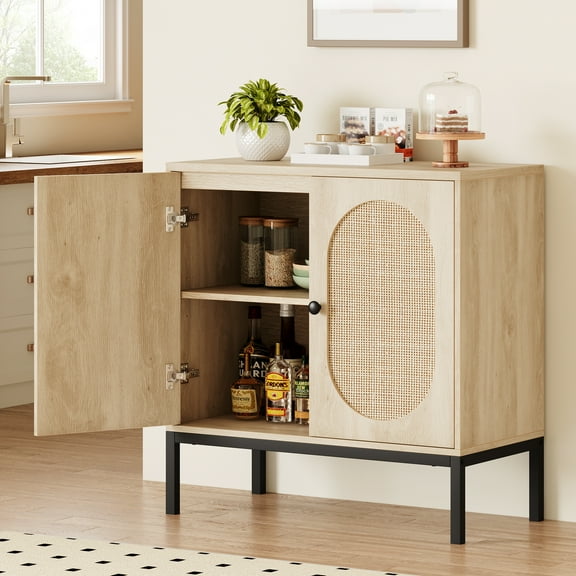 Contemporary Boho Rattan Sideboard Buffet Cabinet – Double-Layer Storage, Sturdy Metal Feet – Wooden Console for Hallway, Dining Room, Entryway – Light Color Square Pin