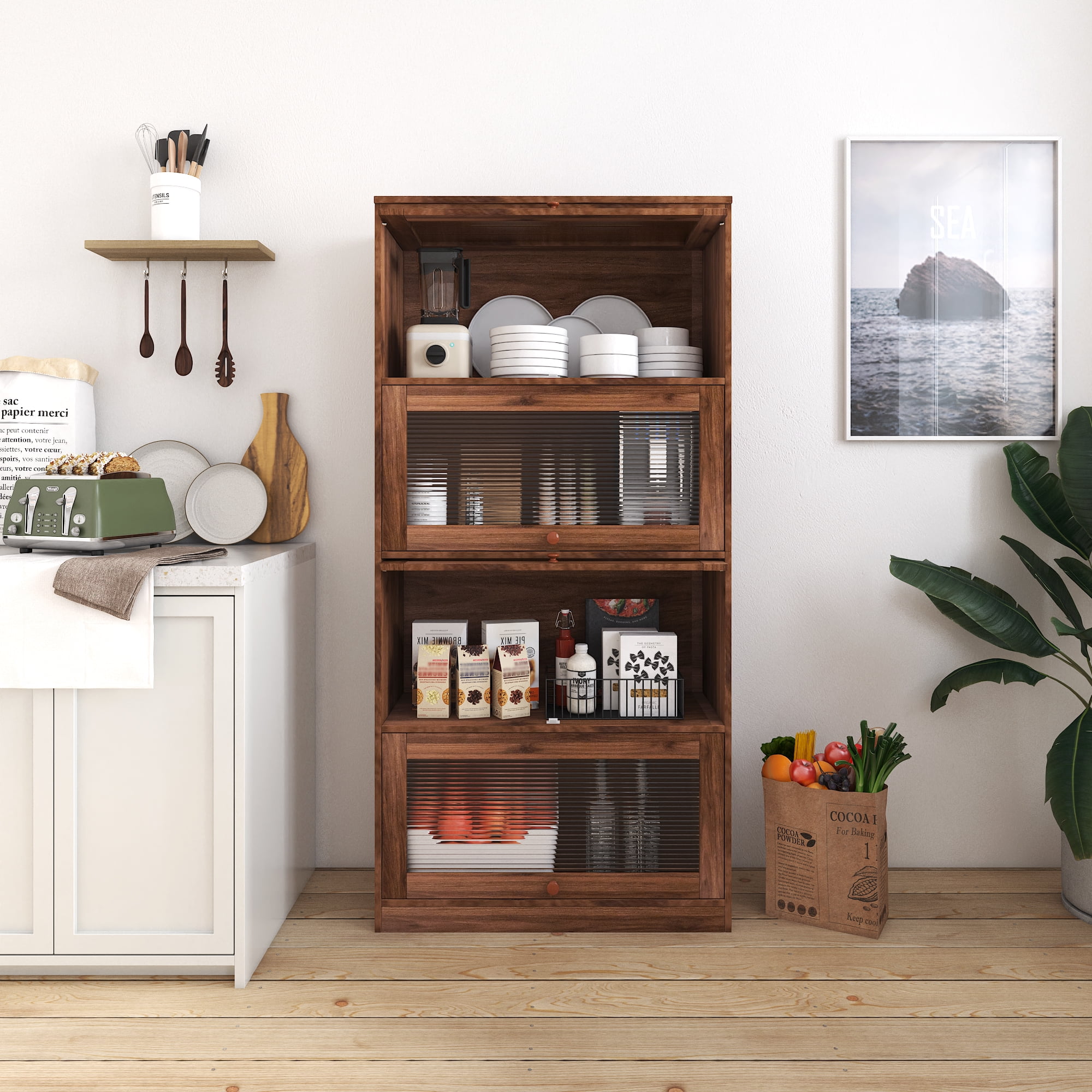 Contemporary Bookcase with Glass Doors Dustproof Storage Cabinet Floor Standing, White
