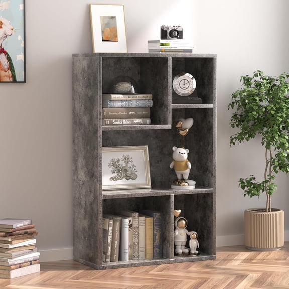 Contemporary Bookshelf, 5 Cube Shelf, Fits Tallest Hardcovers, Horizontal Available, Storage Organizer for Home Office, Gray
