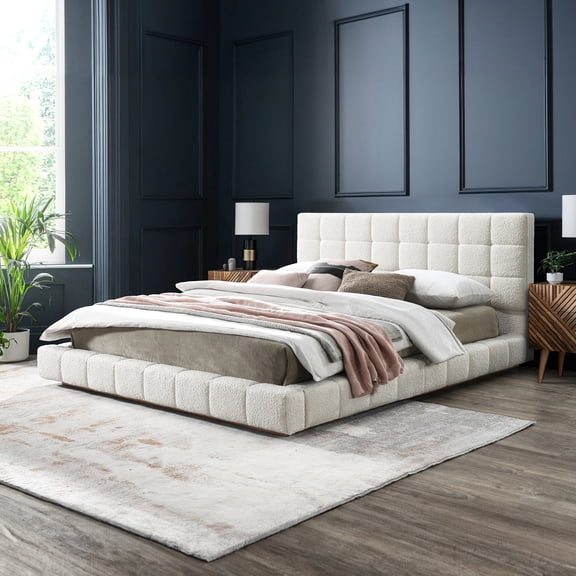 Contemporary Boucle Queen Platform Bed - And Attractive Spacious Comfortable