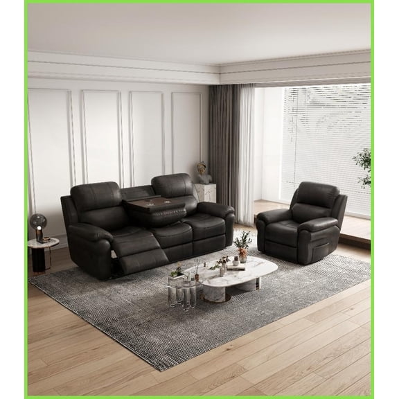 Contemporary Breathable Fabric Power Reclining Sofa with Drop Down Table, USB & Wireless Charger - Espresso