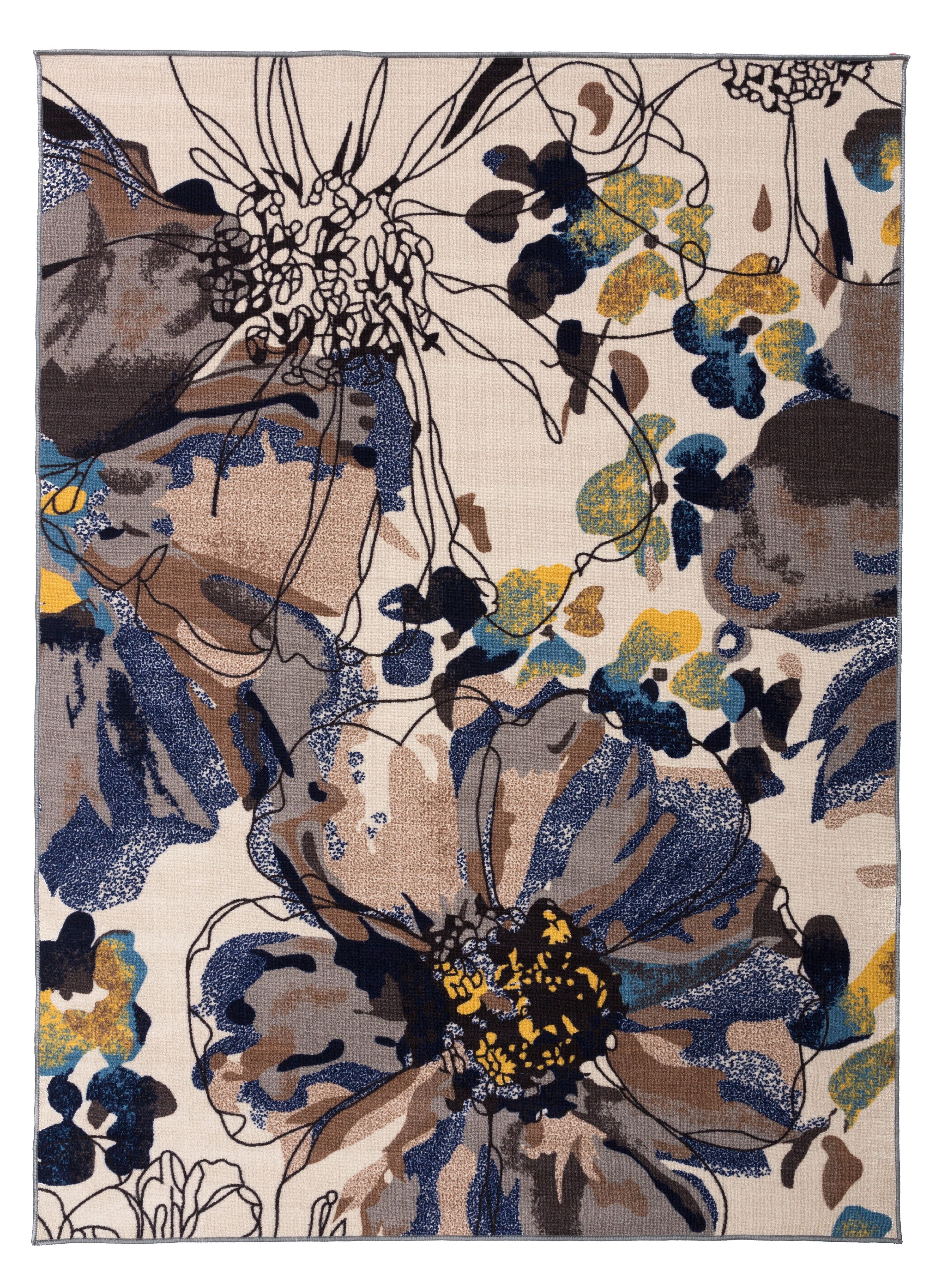 Blossom Bliss Cream Synthetic 5'x7' Easy-Care Floral Area Rug