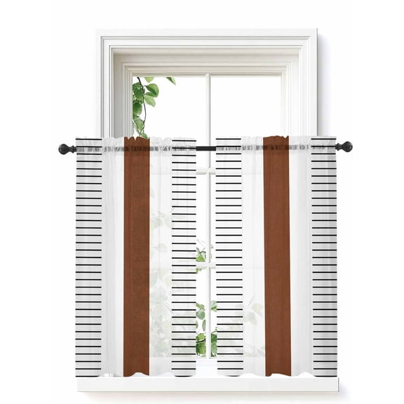 Contemporary Brown Curtains 45 Inch Length, Sheer Curtains for Bedroom Living Room Window Modern Art Boho Striped Black Rod Pocket Voile Drapes Kitchen Curtains Small Half Window 42"x45" 2 Panels