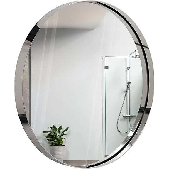 Contemporary Brushed Metal Wall Mirror | Glass Panel Framed Rounded Corner Deep Set