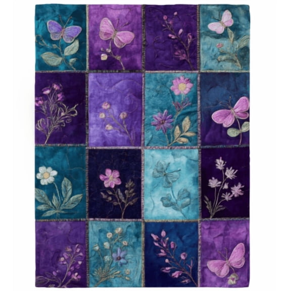 Contemporary Butterfly Patchwork Flannel Blanket, Soft Warm All-Season Throw, Vibrant Floral Butterfly Design, Durable for Sofa Bed Office Travel, Ideal Home Decor Gift