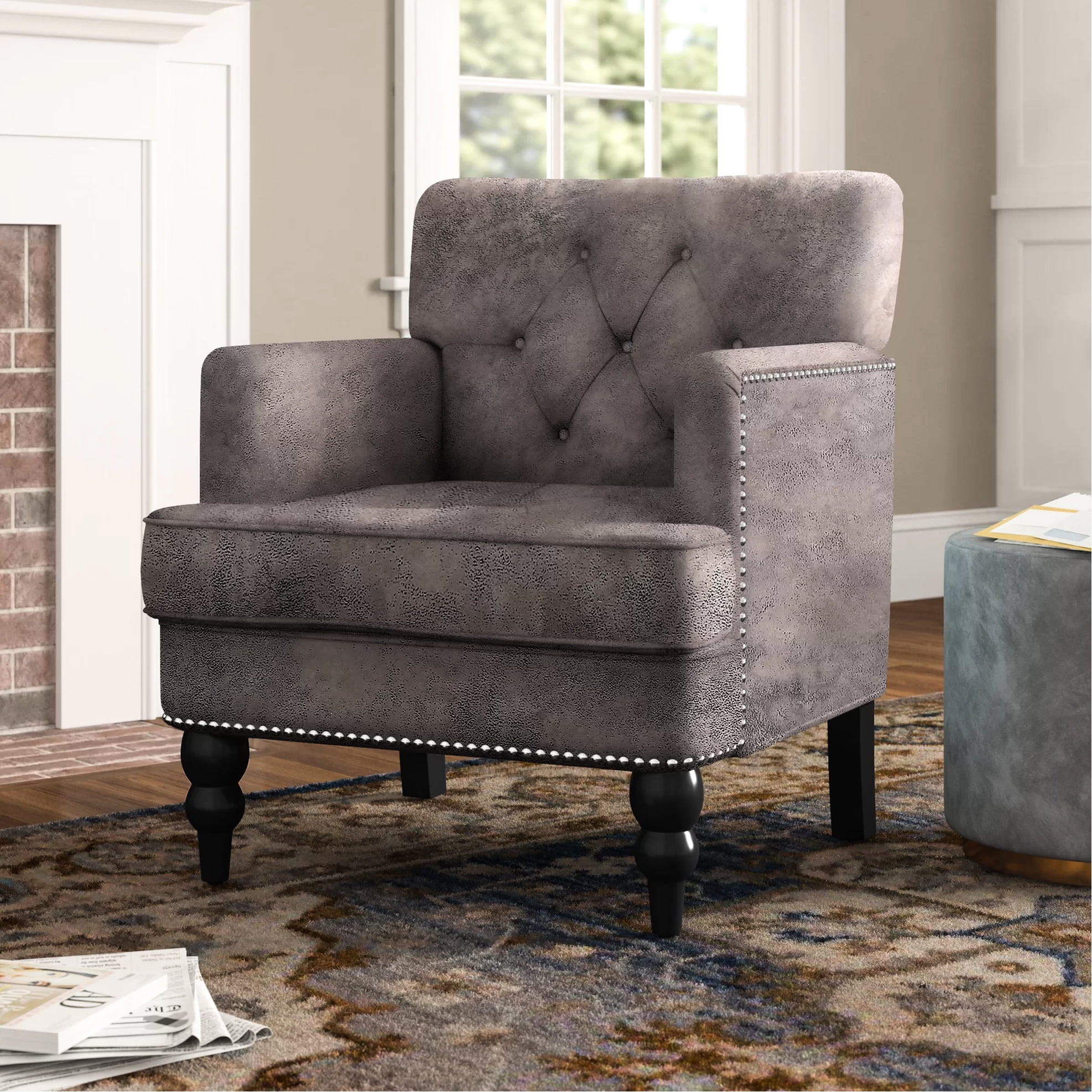 Contemporary Button- Seat, Microfiber Fabric, Birch Legs Stylish Chair ...