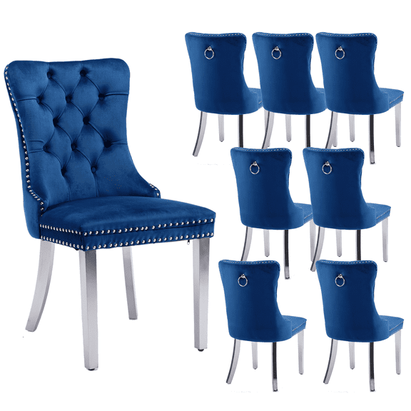 Contemporary Button Tufted Dining Chair, High-end Velvet Upholstered Dining Chairs with Nailhead Back and Ring Pull Trim, Wood Dining Chairs for Living Room,Restaurant(Blue03 with Steel Leg,Set of 8)