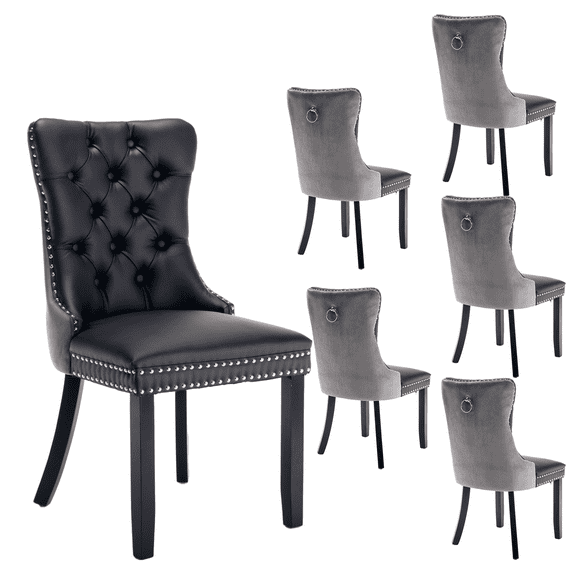 Contemporary Button Tufted Dining Chairs, High-end PU and Velvet Upholstered Dining Chairs with Nailhead Back and Ring Pull Trim, Wood Dining Chairs for Living Room (Black+Gray with PU,Set of 6)