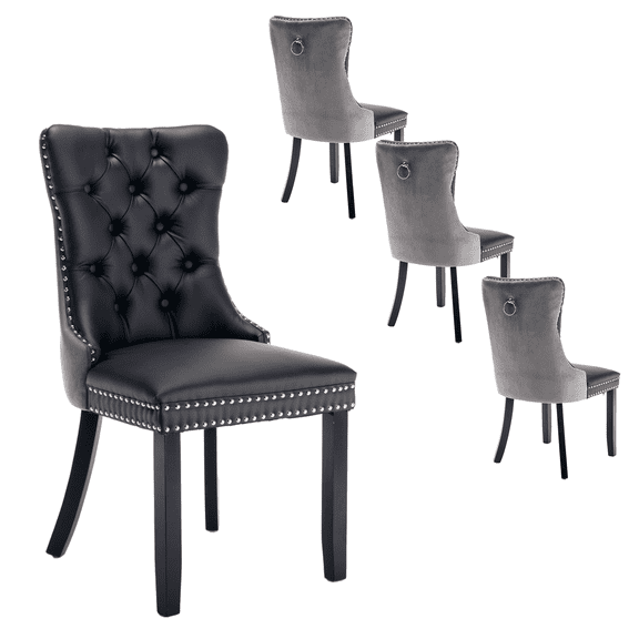 Contemporary Button Tufted Dining Chairs, High-end PU and Velvet Upholstered Dining Chairs with Nailhead Back and Ring Pull Trim, Wood Dining Chairs for Living Room (Black+Gray with PU,Set of 4)