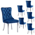 thumbnail image 1 of Contemporary Button Tufted Dining Chairs, High-end Velvet Upholstered Dining Chairs with Nailhead Back and Ring Pull Trim, Wood Dining Chairs for Living Room (Blue03 with Steel Leg,Set of 6), 1 of 8