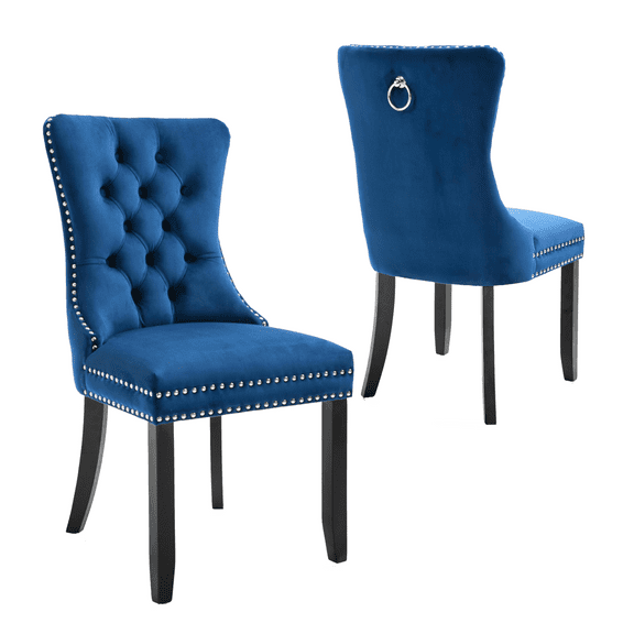 Contemporary Button Tufted Dining Chairs, High-end Velvet Upholstered Dining Chairs with Nailhead Back and Ring Pull Trim, Wood Dining Chairs for Living Room, Restaurant (Blue,Set of 2)