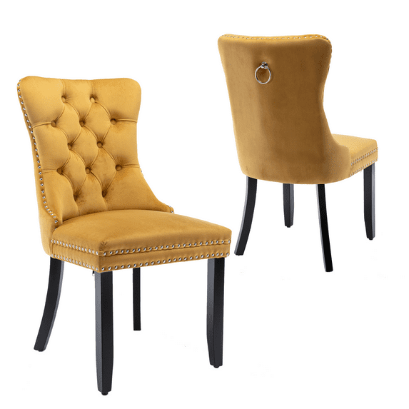 Contemporary Button Tufted Dining Chairs, High-end Velvet Upholstered Dining Chairs with Nailhead Back and Ring Pull Trim, Wood Dining Chairs for Living Room, Restaurant (Gloden,Set of 2)